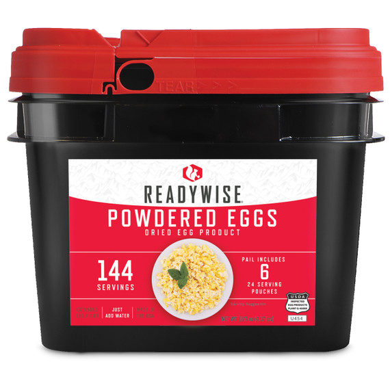 ReadyWise powdered eggs bucket with 144 servings in six pouches