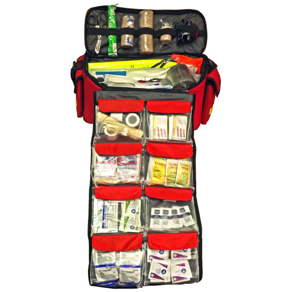 EMT Rescue 25 trauma kit open with sleeve rolled out, showing organized medical supplies in pockets