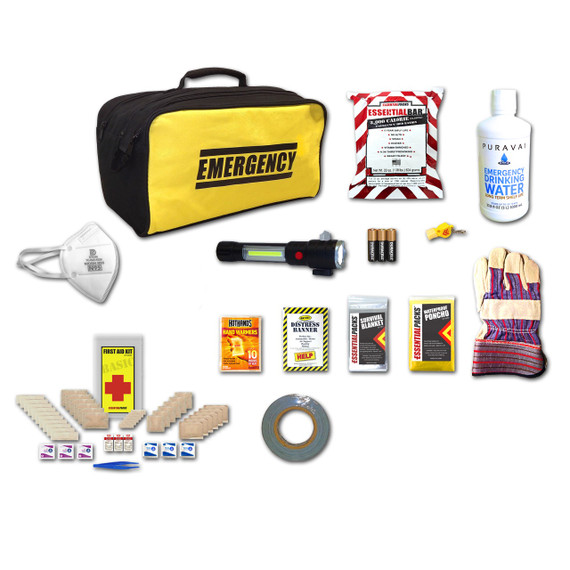 Contents of the Compact Car Roadside Emergency Kit (1 Person): Emergency bag, LED flare, flashlight, dust mask, water, gloves