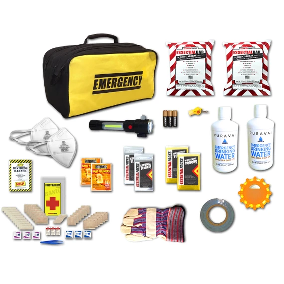 Contents of the 2 person compact car emergency kit: Emergency bag, water bottles, food bars, flashlight, LED flare, masks