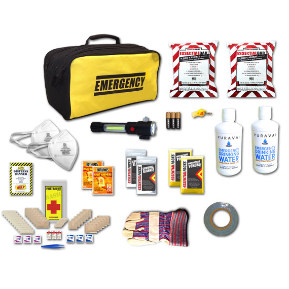 Contents of the Compact Car Roadside Emergency Kit (2 People): Emergency bag, water bottles, food bars, flashlight, LED flare, masks