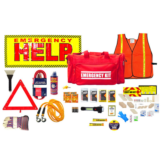 Contents of the Deluxe Car Roadside Emergency Kit: red duffel, safety vest, help banner, warning triangle, flashlight, first aid