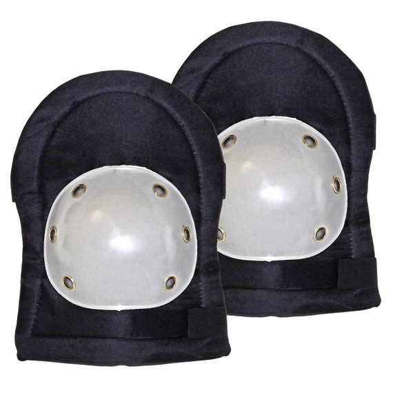 Pair of black knee pads with hard white caps and hook and loop straps