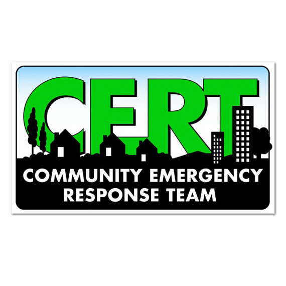 CERT Community Emergency Response Team sticker, 6 by 3.5 inches with green lettering