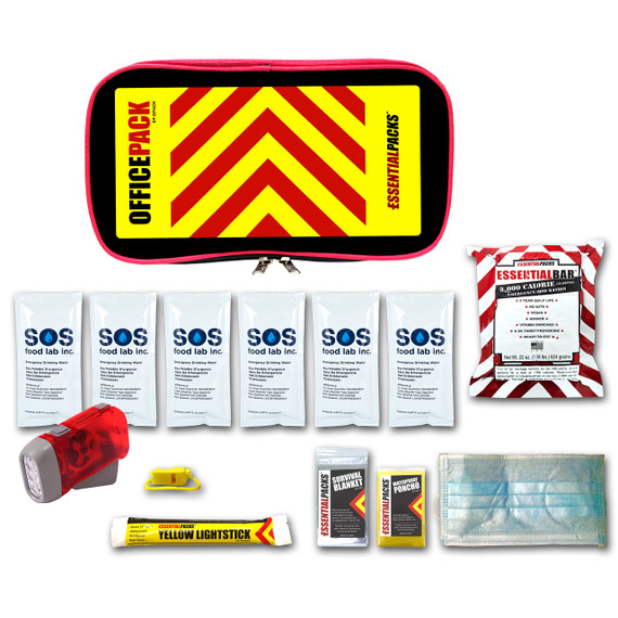 Contents of the OfficePack compact emergency kit: food rations, water pouches, flashlight, light stick and dust mask