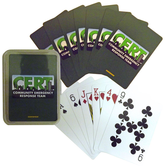 Poker sized CERT playing cards with storage case, shown fanned with card faces and backs