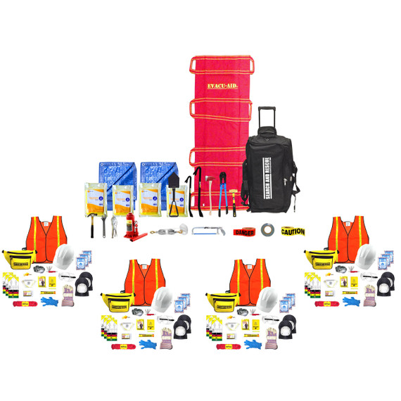 Four person search and rescue responder kit with stretcher, gear bag, orange vests, hard hats and supplies
