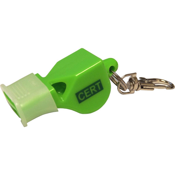 Green CERT emergency whistle with attached carabiner clip, angle view