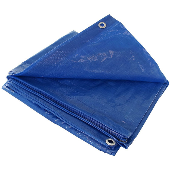 Folded blue 20 by 30 foot poly tarp with metal grommets