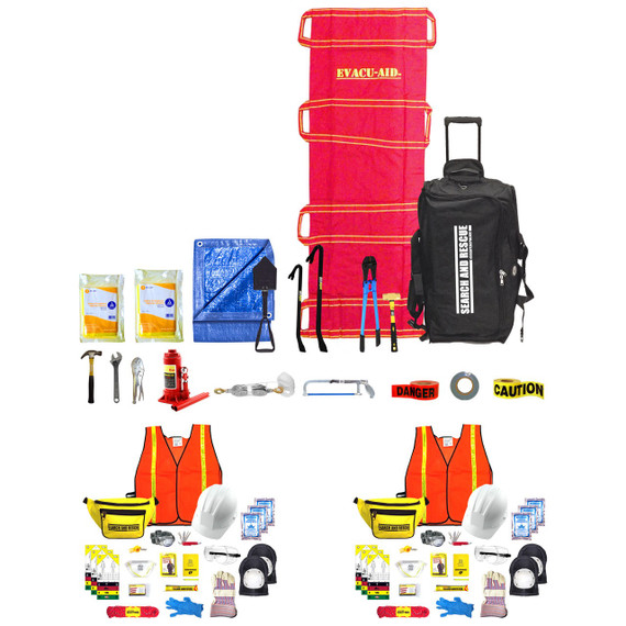 Two person search and rescue responder kit with Evacu-Aid stretcher, gear bag, vests, hard hats and tools