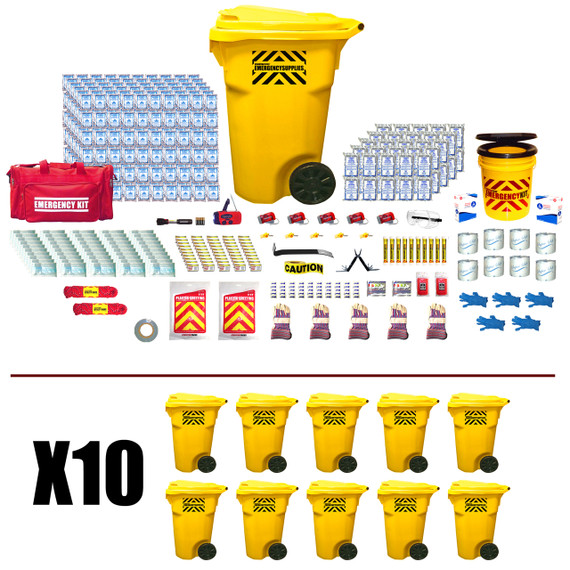 500 person office emergency kit contents with ten wheeled containers of food bars, water and supplies