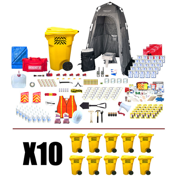 250 person Office Pro emergency kit contents with ten wheeled containers, privacy shelter, water and supplies