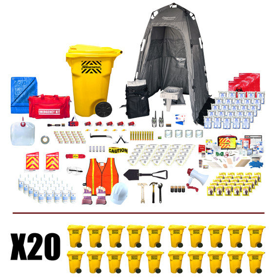 500 person Office Pro emergency kit contents with twenty wheeled containers, privacy shelter, water and supplies