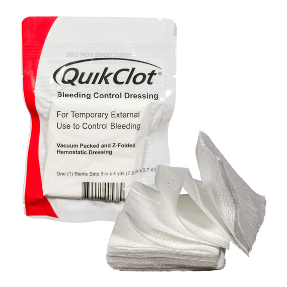 QuikClot bleeding control dressing package with unfolded Z-fold hemostatic gauze