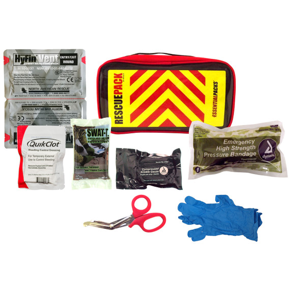 Contents of the RescuePack Stop the Bleed kit: QuikClot, pressure bandage, tourniquet, shears, gloves