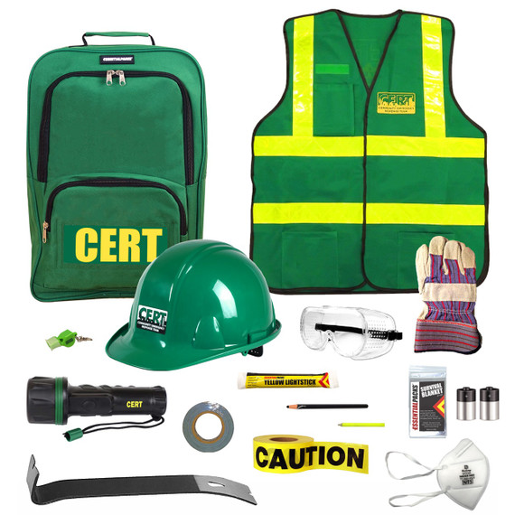 Standard CERT kit contents: CERT backpack, safety vest, hard hat, flashlight, gloves, goggles, pry bar and caution tape