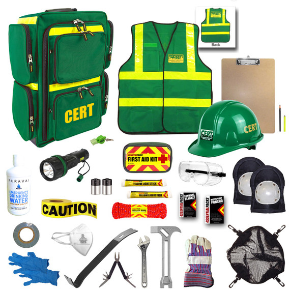 Premium CERT kit contents: CERT backpack, vest, hard hat, first aid kit, flashlight, multi-tool, rope and knee pads