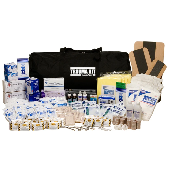 500 person deluxe trauma kit contents: black trauma bag with bandages, dressings, splints and first aid supplies