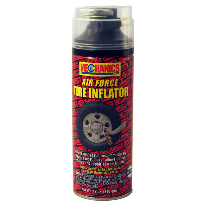 Aerosol can of Air Force tire inflator and sealant for flat tire emergencies