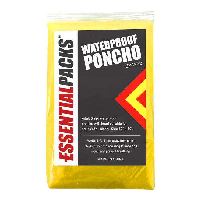 Adult size waterproof emergency poncho folded in yellow EssentialPacks packaging