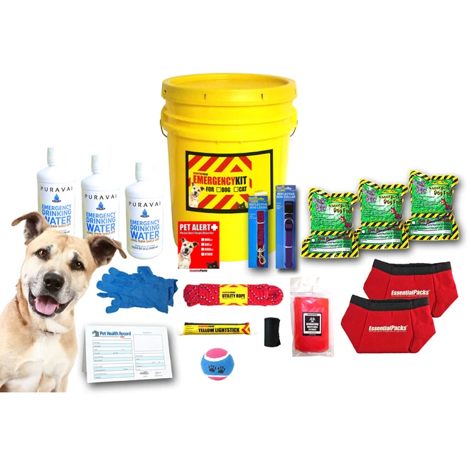 Dog emergency kit contents: yellow bucket, Puravai water, dog food, bowls, leash, toy and pet first aid supplies