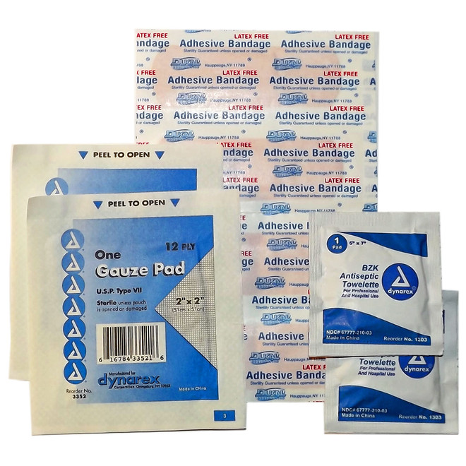 Contents of the Mini First Aid Kit: adhesive bandages, gauze pad, antiseptic towelettes