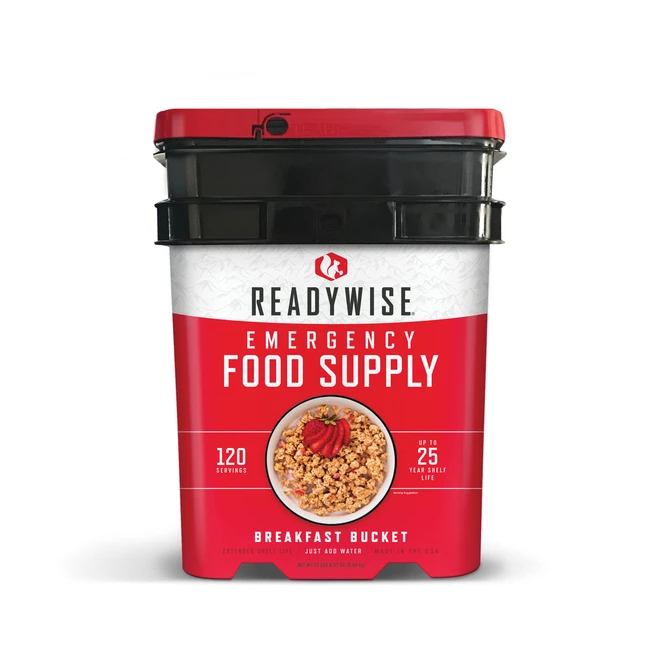 ReadyWise breakfast bucket emergency food supply with 120 servings