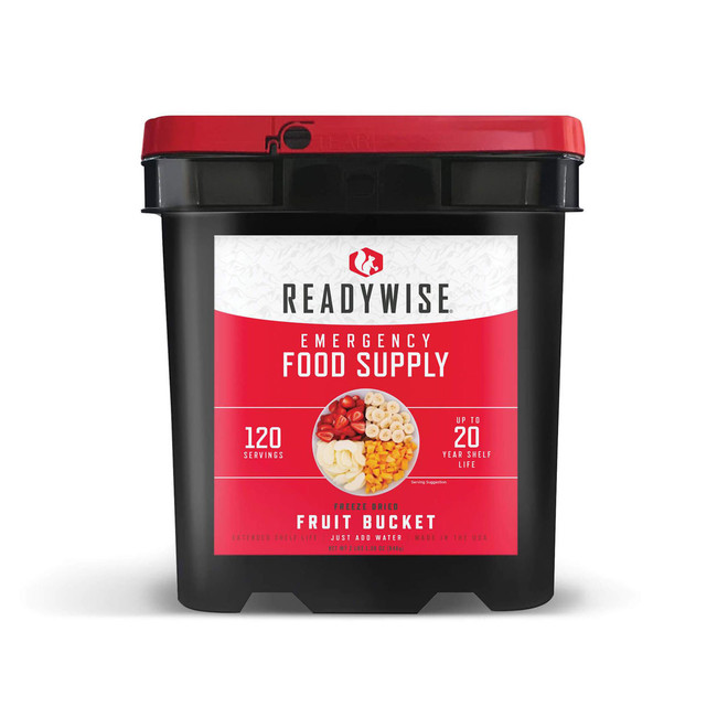 ReadyWise freeze dried emergency fruit bucket with 120 servings and 20 year shelf life