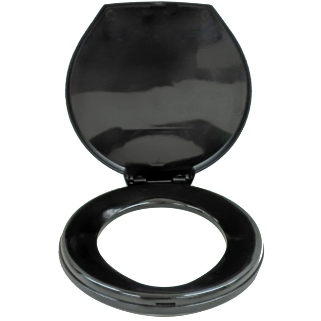 Black snap on toilet seat lid for a 5 gallon bucket with the lid open