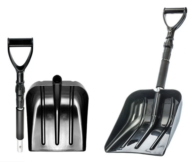 Black collapsible emergency snow shovel shown folded and extended with telescoping handle
