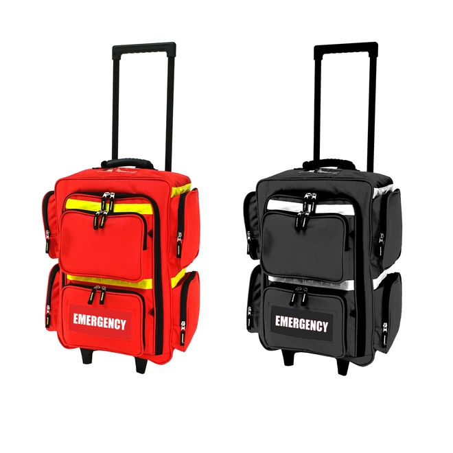 Premium EP-FLEX4 rolling emergency backpacks shown in red and black color options