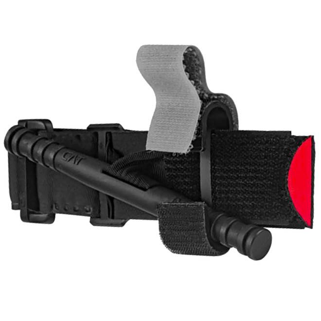 CAT Tourniquet Gen 7 in black, shown at an angle with windlass rod and red tip strap