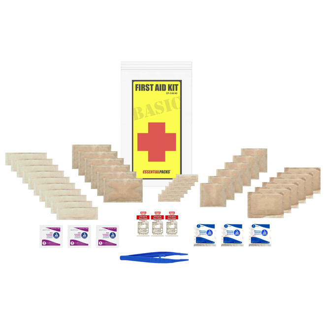 Contents of the Basic First Aid Kit 40 piece: adhesive bandages, gauze, antiseptic wipes, and tweezers