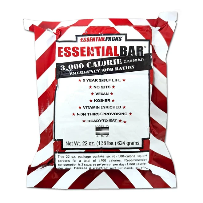 Essential Bar 3000 calorie emergency food ration in red and white striped packaging