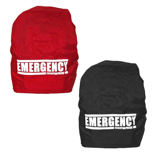 Waterproof rain covers for EP-FLEX backpacks in red and black with Emergency print