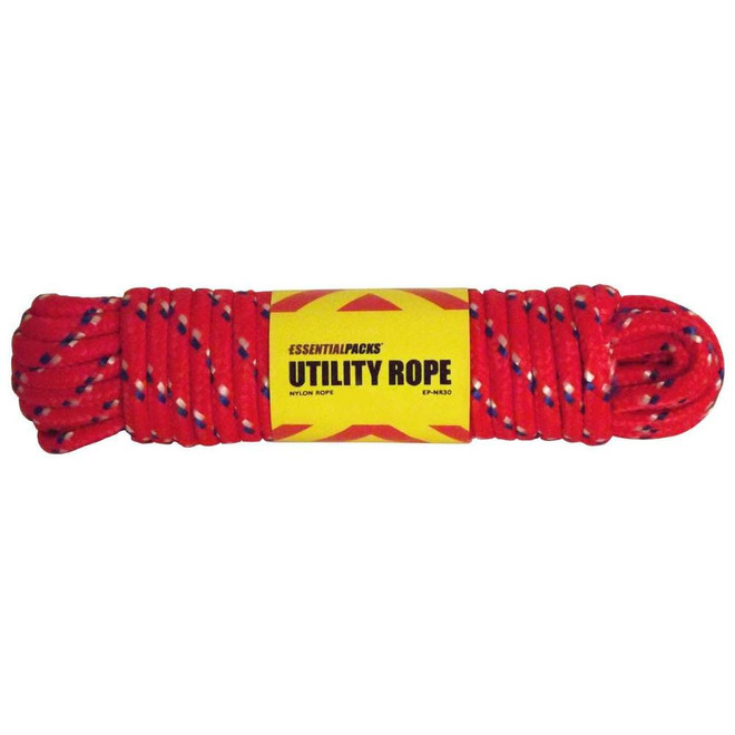 Coil of red 50 foot nylon utility rope with yellow Essential Packs label