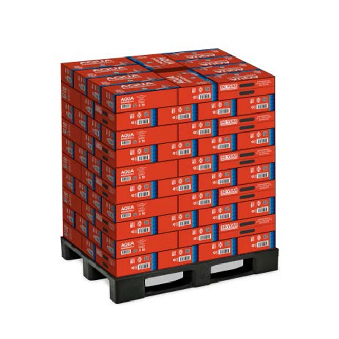 Pallet of Aqua Emergency 50 year shelf life canned drinking water stacked in cases