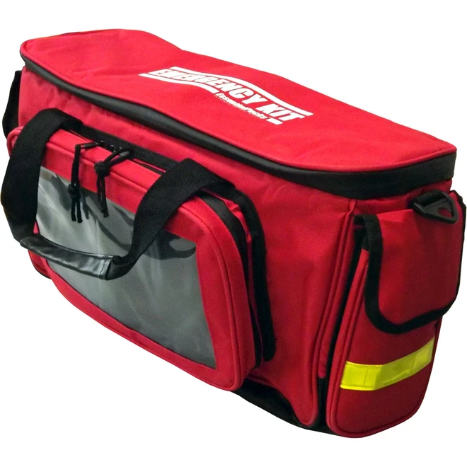 Angle view of the red Deluxe Emergency Kit duffel bag showing side pockets and reflective strips