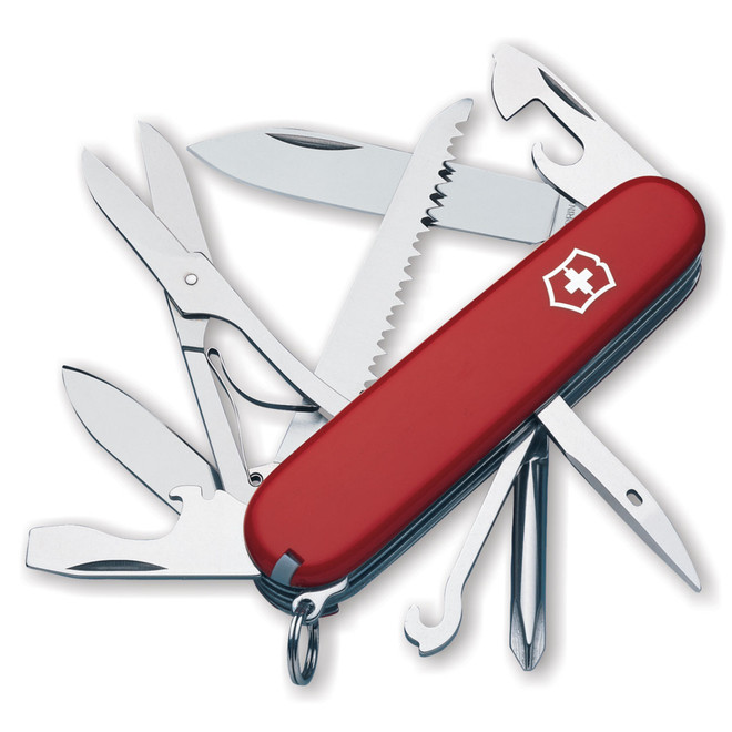Red Victorinox Fieldmaster Swiss Army knife with blades, saw, scissors and tools open