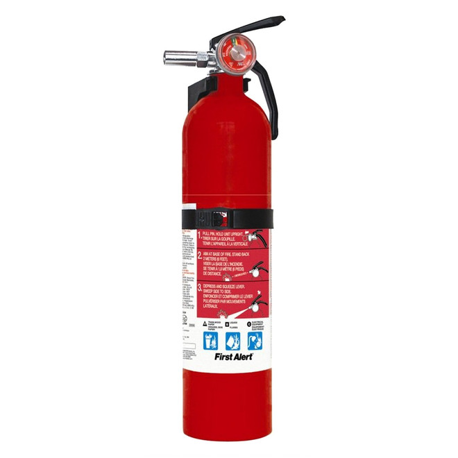 Red First Alert rechargeable home fire extinguisher rated 1-A:10-B:C