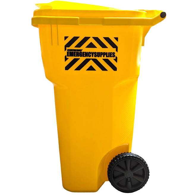 Yellow rolling emergency supplies container with black hazard stripe label and rear wheels