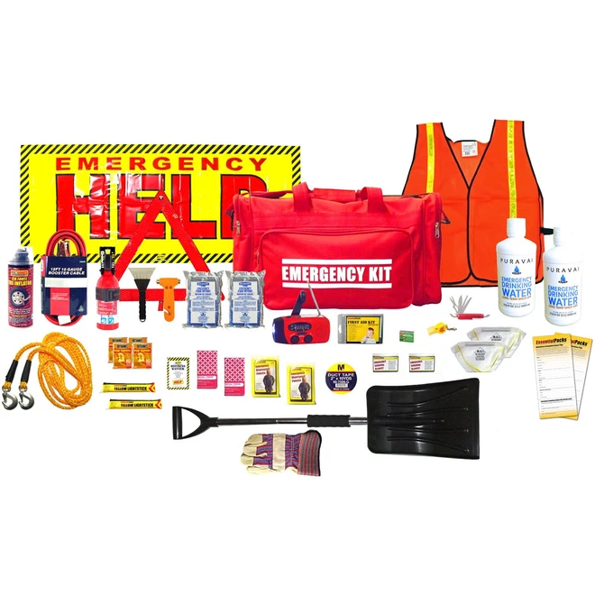 Contents of the Complete 4-Season Auto Emergency Kit: duffel, safety vest, help sign, snow shovel, flares, first aid