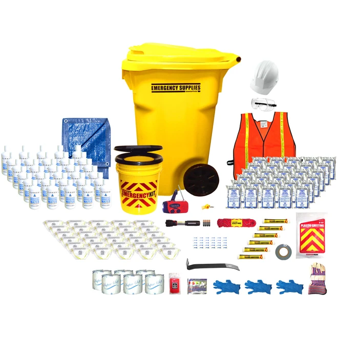 Shelter in place classroom emergency kit for 30 students: yellow rolling bin, water, food rations, safety vest
