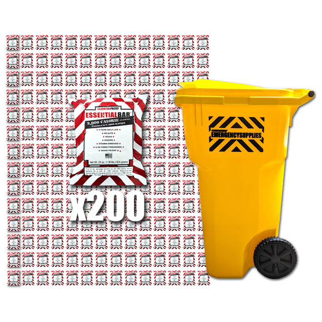 Emergency food supply module for 200 students: yellow rolling bin with 200 Essential Bar food rations