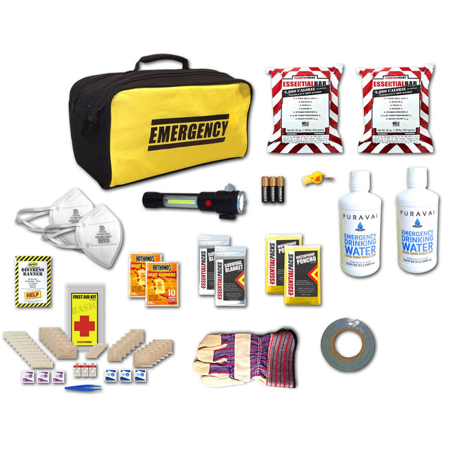 Contents of the Compact Car Roadside Emergency Kit (2 People): Emergency bag, water bottles, food bars, flashlight, LED flare, masks