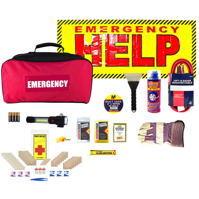 Standard roadside emergency kit contents: red bag, help sign, jumper cables, flashlight, first aid supplies and gloves