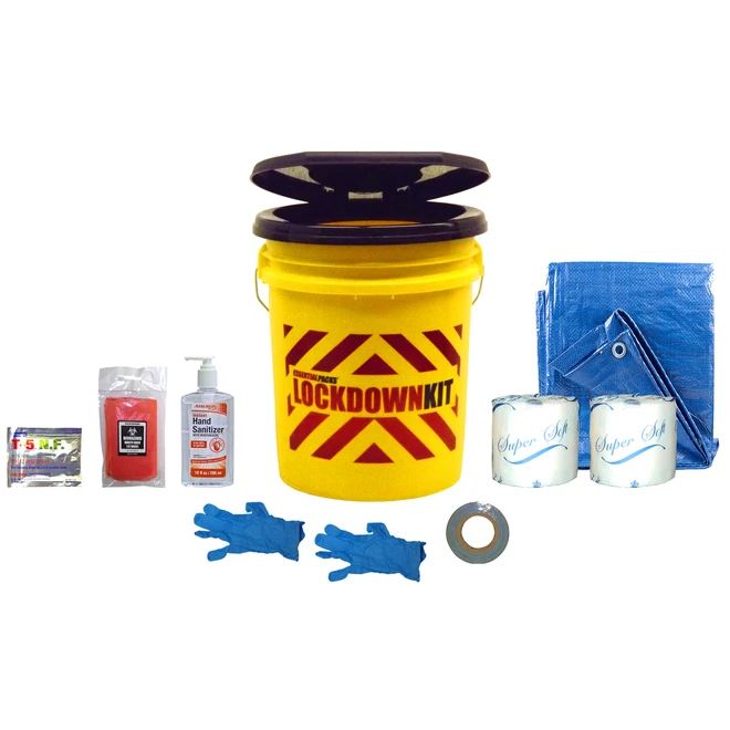 Classroom lockdown sanitation kit: yellow bucket toilet, tarp, toilet paper, gloves, sanitizer and tape