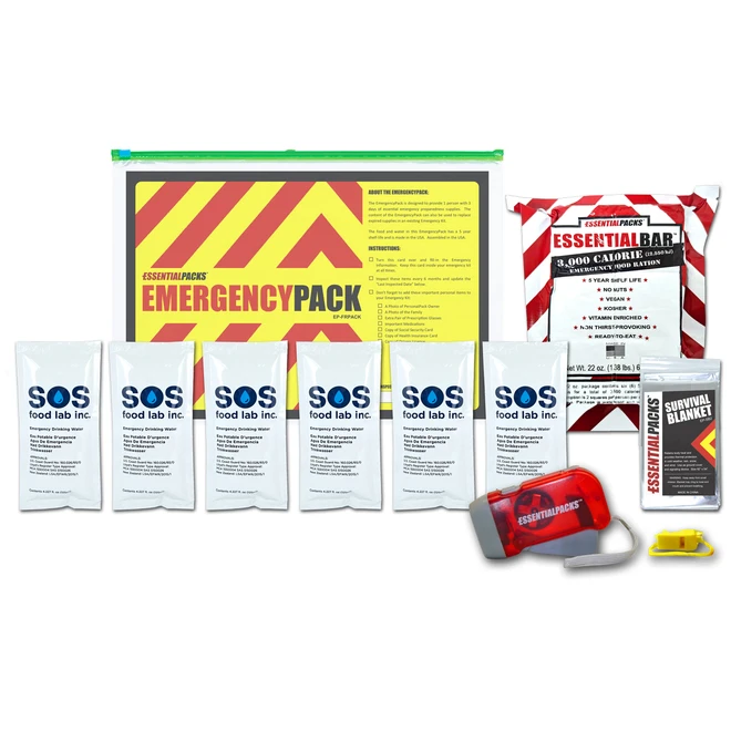 Contents of the EmergencyPack 3 day kit: SOS water pouches, food ration, emergency blanket, light stick