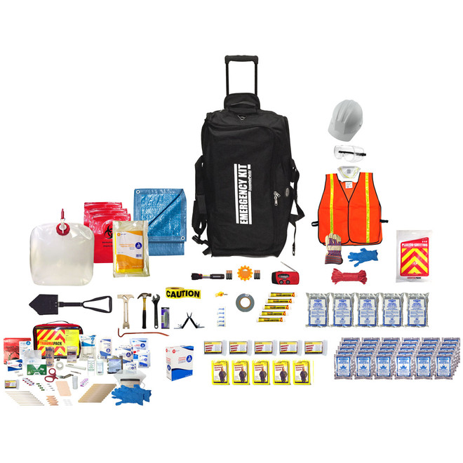 Contents of the 5 person Ready Roller emergency kit: rolling duffel, hard hat, safety vest, water, food bars, tools