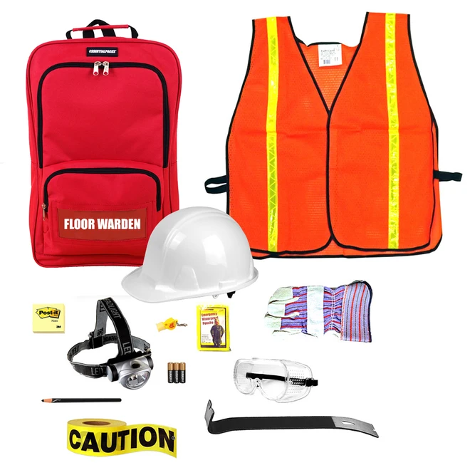Contents of the Standard Floor Warden Emergency Kit: red backpack, safety vest, hard hat, goggles, caution tape